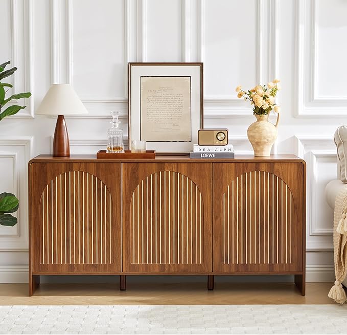 59" Sideboard Buffet Cabinet with Storage, Wood Arched TV Console Storage Cabinet with 3 Doors and Adjustable Shelf, Large Curved Accent Cabinet for Living Room Hallway Kitchen Dining Room, Walnut