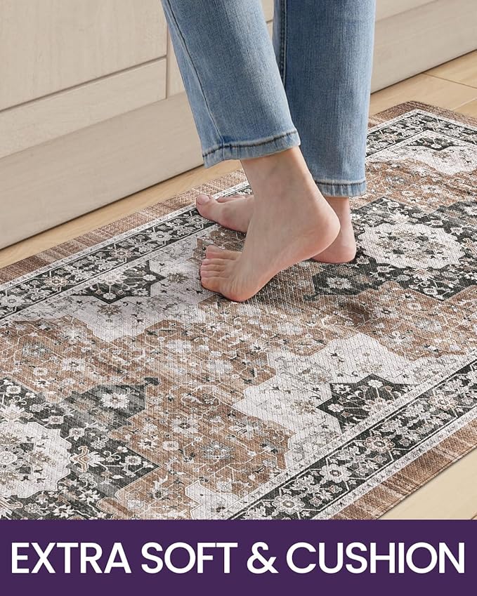 DEXI Kitchen Floor Mats Cushioned Anti Fatigue, 23x86 Long Wide Standing Comfort Runner Rug, Waterproof Retro Floral Memory Foam Padded for Front Sink Laundry, Brown/White