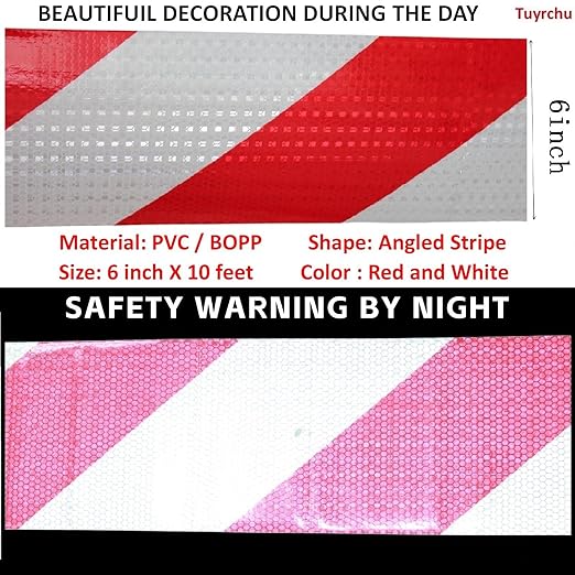 Reflective Tape Red and White 6 inch X 10 feet, Outdoor Waterproof Hazard Conspicuity Warning Industrial Marking Tape