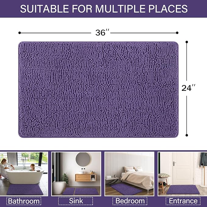 LOCHAS Luxury Bathroom Rug Shaggy Bath Mat 24 x 36 Inch, Washable Non Slip Bath Rugs for Bathroom Shower, Soft Plush Chenille Absorbent Carpets Mats, Dark Purple