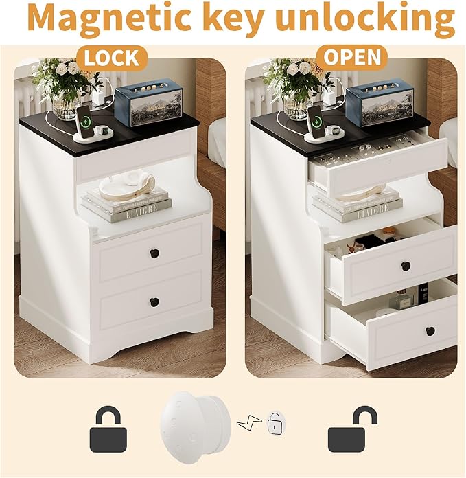 Night Stand with Charging Station,Bedside Table with 2 Drawers,Farmhouse End Table and Nightstand,Small Side Table for Bedroom,Living Room (White-Magnetic Locking, 1-Pcs)