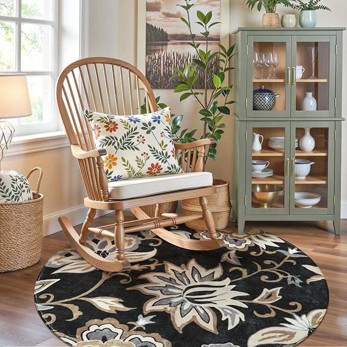 Lahome Floral Black Round Rugs - 3Ft Washable Round Area Rug Non-Slip Small Entryway Throw Soft Bedroom Circle Carpet Paisley Print Accent Distressed Circular Mat for Bathroom Sofa Living Room