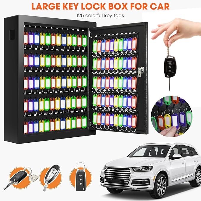 125 Position Key Cabinet Wall Mount with Anti-Theft Deposit Key Slot, Key Box Organizer with Key Hooks & 125 Tags Key Labels, Key Safe for Hotels & Office & Companies & Car Dealerships