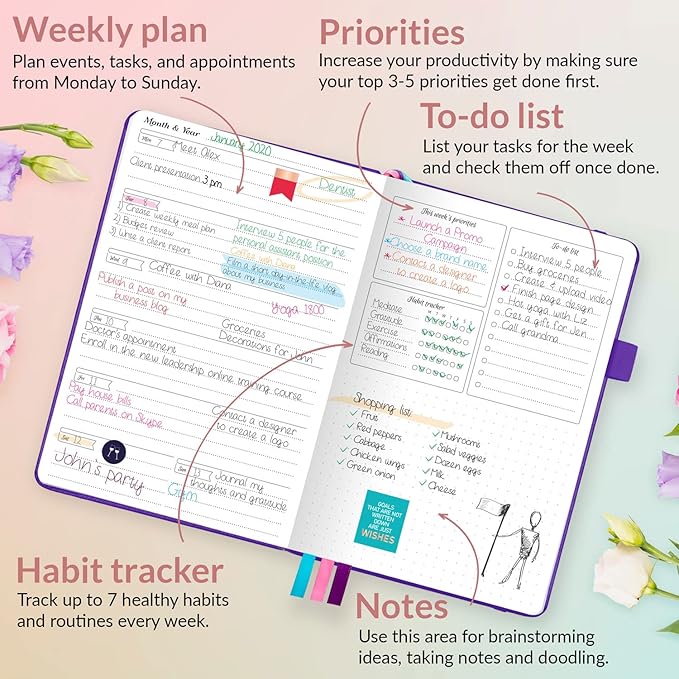 GoGirl Planner and Organizer for Women – Compact Size Weekly Planner, Goals Journal & Agenda to Improve Time Management, Productivity & Live Happier. Undated – Start Anytime, Lasts 1 Year – Purple