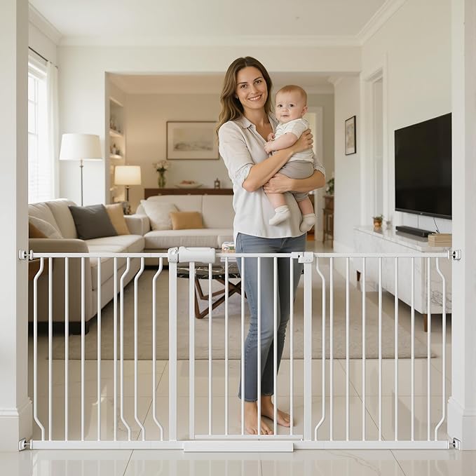 TSAYAWA Extra Wide Walk Through Baby Gate with Door, 62-67 Inch Wide Presure Mounted No Drill Metal Auto Close Child Gate for Stair Doorway - Indoor Outdoor Safty Gate for Toddler Dog Doggie, White