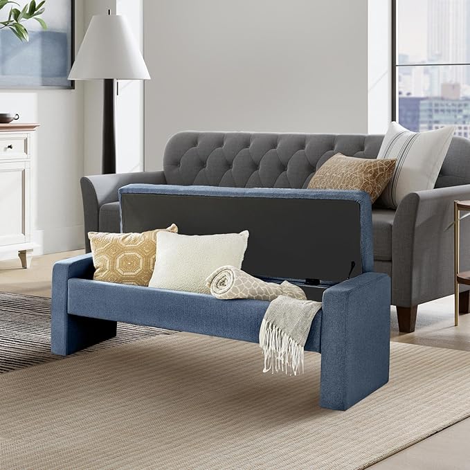 55" Modern Upholstered Storage Bench with Tufted Seat, Fabric Ottoman Bench for Bedroom, Entryway, or Living Room, Soft Close Hinge,Navy