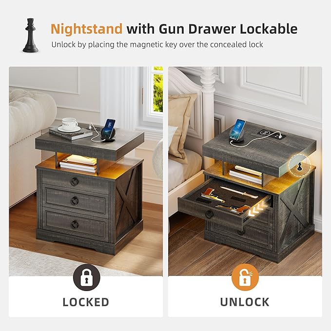 Gurexl Farmhouse Set of 2 Night Stand with Lockable Gun Drawer,LED Nightstand with Charging Station,Bedside Table with Human Sensor 3-Color Lights,End Table with 3 Drawers,Bedroom,Rustic