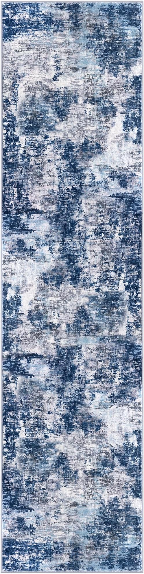 Modern Abstract Hallway Runner Rug, Grey Navy Blue Multi 2x8 Runner Rug, Washable Kitchen Runner Non-Slip Soft Thin Print Faux Wool Carpet for Entryway Bedroom Laundry Room Indoor