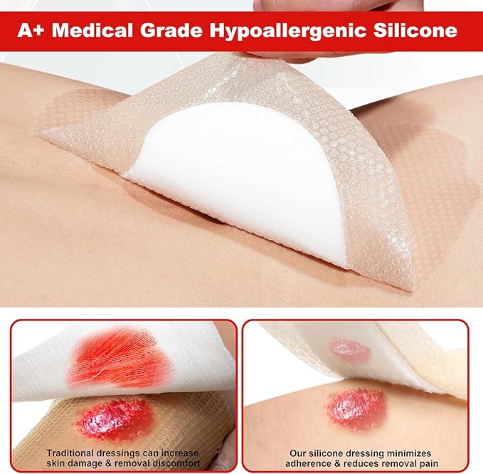 FRESINIDER 7"x7" (Pack of 5) Wound Silicone Sacral Foam Dressing - Sacrum Foam Adhesive with Border - Waterproof Absorbent Breathable Bed Sore Pressure Pads