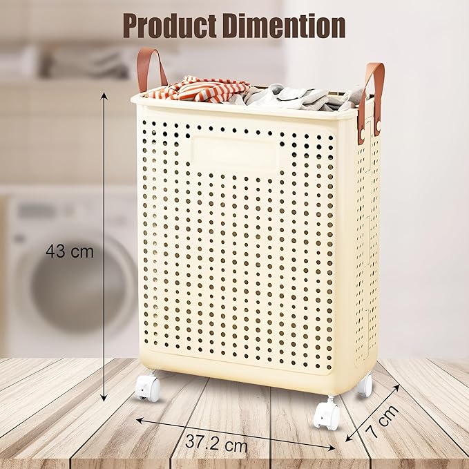 55L Collapsible Laundry Basket with Wheels - Foldable Slim Laundry Hamper for Dorm, Apartments - Portable Clothes Organizer Carts with Wheels, Handles - Collapsible Storage Bins for Clothes, Toys