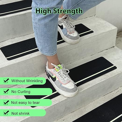 S&X Outdoor Stair Treads Non-Slip, 12-Pack, 6" x 24" Pre-Cut Anti Slip Tape with Glow-in-The-Dark Stripe, Including a Rubber Hand Roller for Easy Application, Weather Resistant, Long-Lasting