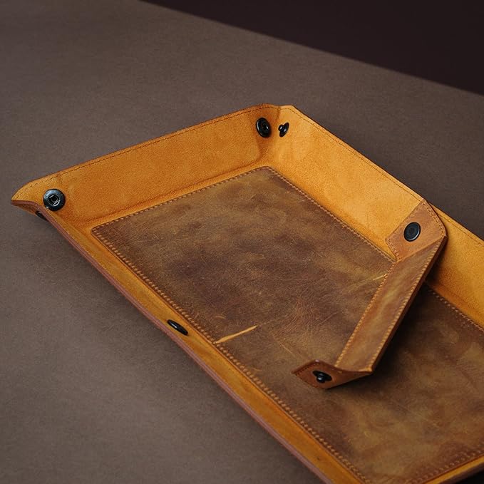 Handmade Leather Catch All Tray and Organizer for Keys, Phones, Jewels, Coins, Rectangular, Light Camel