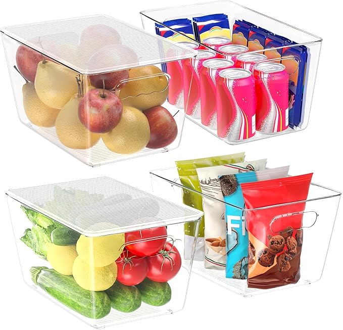 BALEINE Clear Stackable Storage Bins with Lids, Plastic Containers with Handle for Pantry Organizers and Storage, Plastic Bins for Fridge, Kitchen, Bathroom, Cabinet (13x7.4x7, 4PK)
