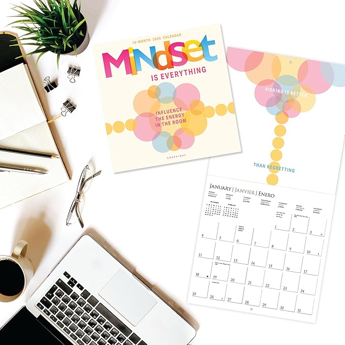 Graphique 2026 Mindset Is Everything Wall Calendar | 12” x 12” | Thick Paper | Home & Office Organizer | Large Monthly Grid | 3 Languages & Marked Holidays | 4 Month Preview Page for 2027
