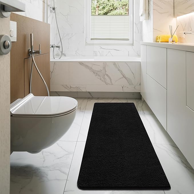 LOCHAS Luxury Bathroom Rug Shaggy Bath Mat 48 x 17 Inch, Washable Non Slip Bath Rugs for Bathroom Shower, Soft Plush Chenille Absorbent Carpets Mats, Black
