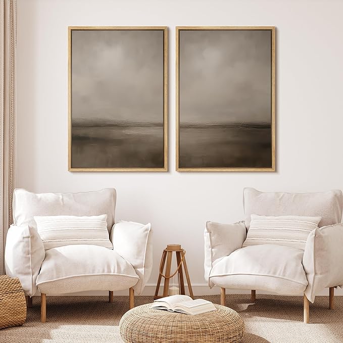 MUDECOR Framed Canvas Print Wall Art Abstract Brown and Taupe Modern Minimalist Misty Landscape Illustrations Modern Art Decorative Bohemian for Living Room, Bedroom, Office - 16"x24"x2 Natural