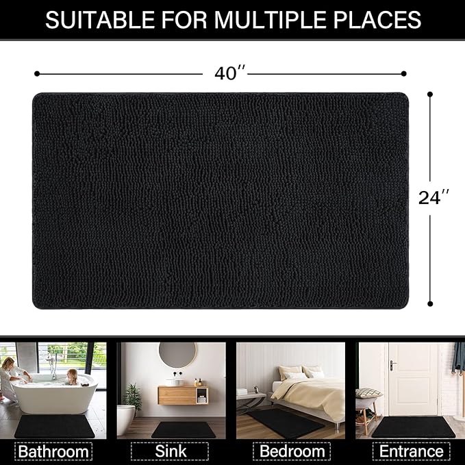 LOCHAS Luxury Bathroom Rug Shaggy Bath Mat 24 x 40 Inch, Washable Non Slip Bath Rugs for Bathroom Shower, Soft Plush Chenille Absorbent Carpets Mats, Black