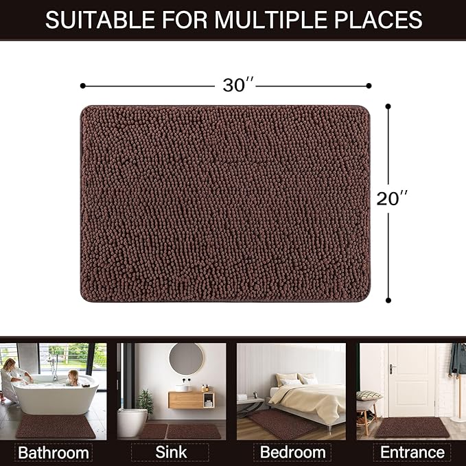 LOCHAS Luxury Bathroom Rug Shaggy Bath Mat 20 x 30 Inch, Washable Non Slip Bath Rugs for Bathroom Shower, Soft Plush Chenille Absorbent Carpets Mats, Brown