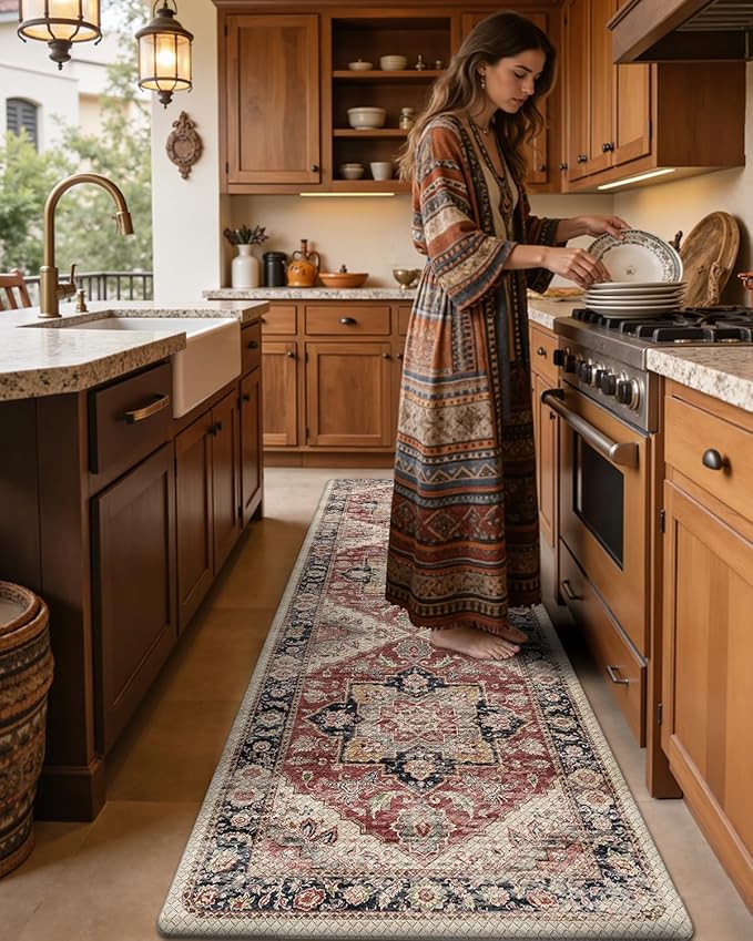 DEXI Kitchen Floor Mats Anti Fatigue, 23x86 Large Long Cushioned Vintage Runner Rug Waterproof, Standing Comfort Memory Foam Padded for Front Sink Laundry Office, Beige and Red