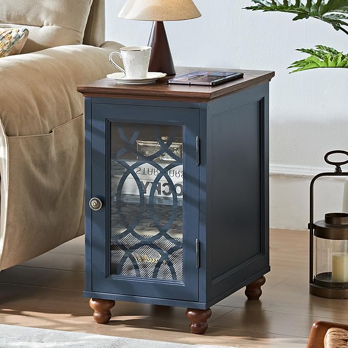 Narrow Side Table Set of 2 with Glass Door, 18 x 14'' Night Stand with Adjustable Shelf Storage Cabinet Organizer, Bedside End Tables Wood Nightstand for Small Spaces Living Room Bedroom