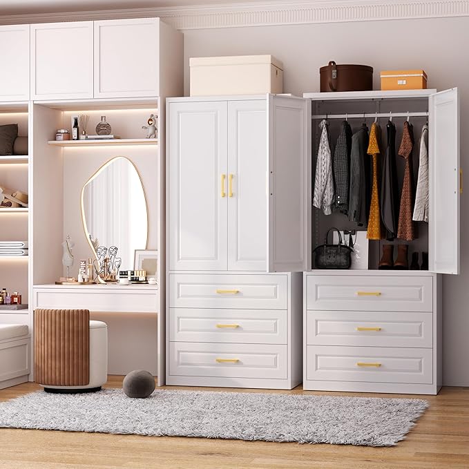 Metal Armoire Wardrobe Closet with Three Drawers, 71“ Tall Large Wardrobe Cabinet with Hanging Rod, Freestanding Wardrobe Cabinet with Doors and Shelves for Bedroom, White, Assemble Required