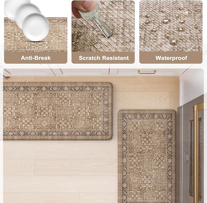 KIMODE Farmhouse Anti Fatigue Kitchen Mat, 17"x59"+17"x29" Vintage Kitchen Rugs, Waterproof Kitchen Floor Mats Non Slip, Comfort Foam Standing Mat for Sink, Laundry, Office, Desk Brown
