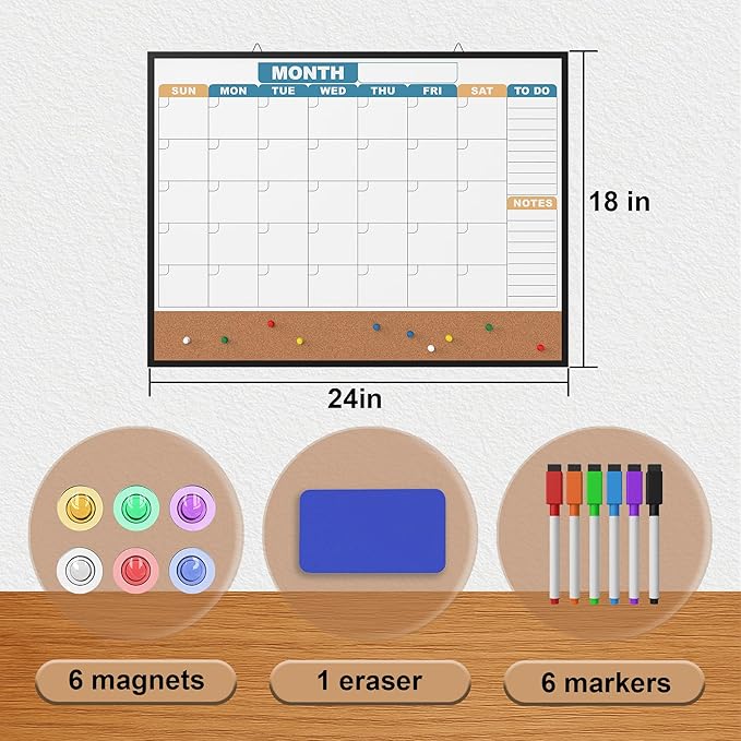 Monthly Calendar Dry Erase Board 24x18 Inch, Double-Sided Whiteboard and Corkboard Combo with Black Aluminum Frame (Color Calendar), Wall Mounted Planner with Marker, Magnet, Push Pin, Eraser