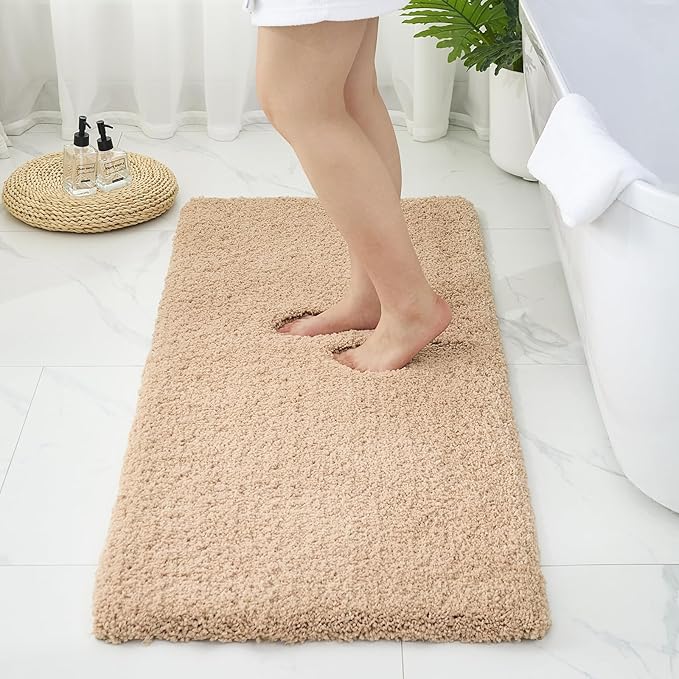 Bathroom Rugs 70x24, Ultra Thick Shaggy Soft Microfiber Absorbent Bath Rug, High Density Foam Latex Non Slip Backing, Machine Washable Bath Mats for Bathroom Floor & Sink, Beige