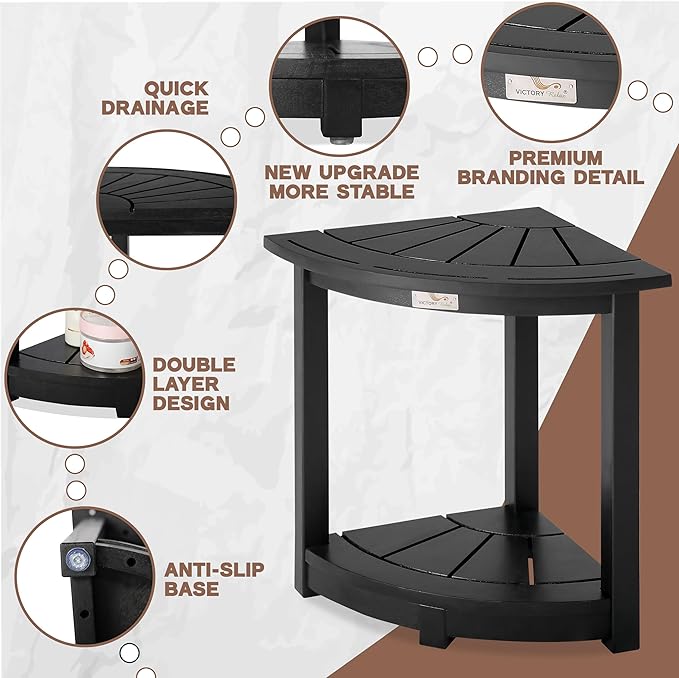 Acacia Wood Corner Shower Stool - Waterproof Triangular Bathroom Bench with Storage Shelf & Soap Dish for Shaving, Black Wood (17.9x12.7x16.5)