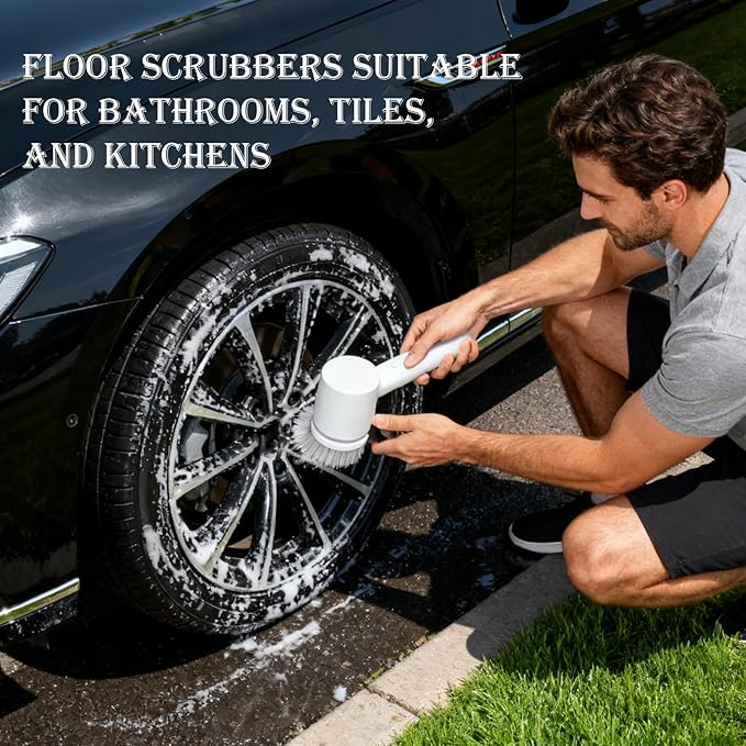 Cordless Cleaning Brush - Lightweight Electric Bathroom Scrubber, 12 Inch Handle with Grip, Rotating Head Pair with Frame, Home Supplies Tool, Multi Device for Bathtub, Toilet, Sink, Tile