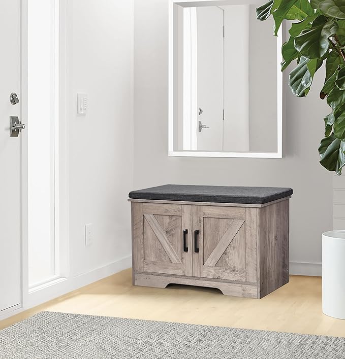 2-Tier Storage Bench, 27.6" Wide Shoe Bench with Padded Seat Cushion, Entryway Bench with 2 Barn Doors and Adjustable Shelf, Greige