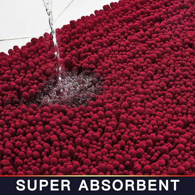 Walensee Bathroom Rug Non Slip Bath Mat (24x17 Inch Red) Water Absorbent Super Soft Shaggy Chenille Machine Washable Dry Extra Thick Perfect Absorbant Best Small Plush Carpet for Shower Floor