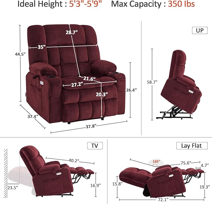 MCombo Dual Motor Power Lift Recliner Chair for Elderly, Lay Flat Lift Chair with Heat and Massage, Extra Wide Lift Recliner for Big People, Cup Holders, Fabric R7897 (Burgundy, Medium-Wide)