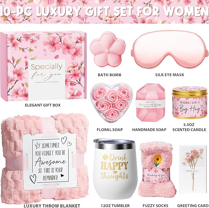 Birthday Gifts for Women Self Care Gift, Cherry Blossom Relaxing Spa Gift Baskets Bath Set Get Well Soon Care Package Valentines Day Gifts for Her Mom Women Sister Friend Wife Grandma w/ Blanket
