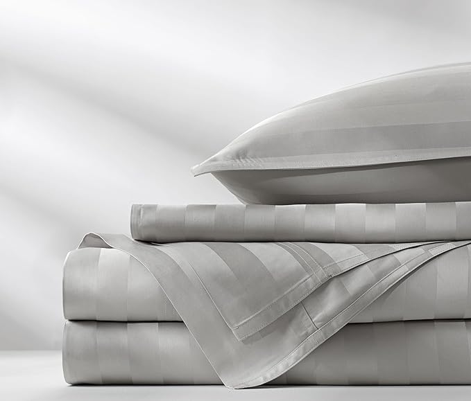 Pure Bamboo Queen Sheets, Genuine 100% Organic Viscose Derived from Bamboo Bed Sheet Set, Luxuriously Soft & Cooling, Double Stitching, 2 Year Quality Promise (Queen, Jacquard Silver)