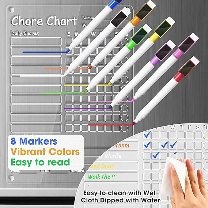 Chore Chart, Clear Dry Erase Board, Magnetic Erasable Planner, 11.97x8.98 Inches, Reusable Organizer for Kids Children Teens Adults Family Home Daily Tasks and Weekly Routine Use