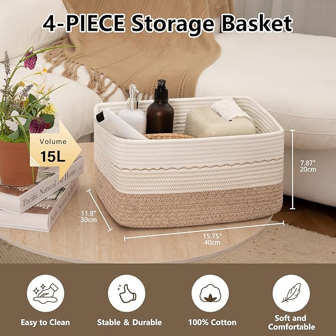 4 Pack Storage Baskets for Organizing, 15.75''x11.8''x7.87'', Decorative Cotton Rope Baskets with Wave-Patterned Embroidery, Small Woven Basket for Toys, Books and Towels, Brown&White