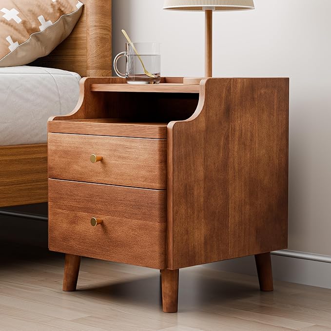 Nightstand with Drawers, Pre-Assembled, 19.7" H Natural Solid Wood Night Stand with Open Sliding Shelf, Mid Century Modern Small Bedside Table Cabinet for Bedroom, End Side Table, Walnut
