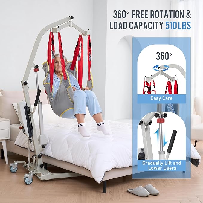 Careboda Electric Patient Lift, Medical Transfer Lifts for Seniors with Sling, Sit to Stand Lift for Elderly, Full Body Transfer Lift Chairs for Bed, Car, Wheelchair and Floor, 510LBS Weight Capacity