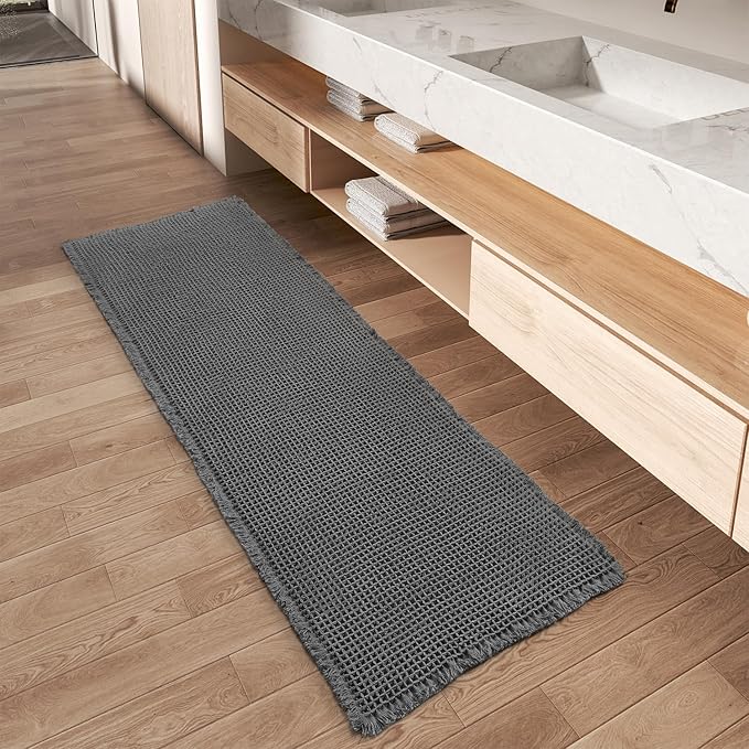 Upgraded Waffle Runner Rug Super Absorbent Non Slip Bath Mats for Bathroom Floor Machine Washable Bathroom Runner Rug with Tassels, Ideal for Hallway Bedroom Laundry Room, Dark Grey, 2'x 4'（24" x 48")