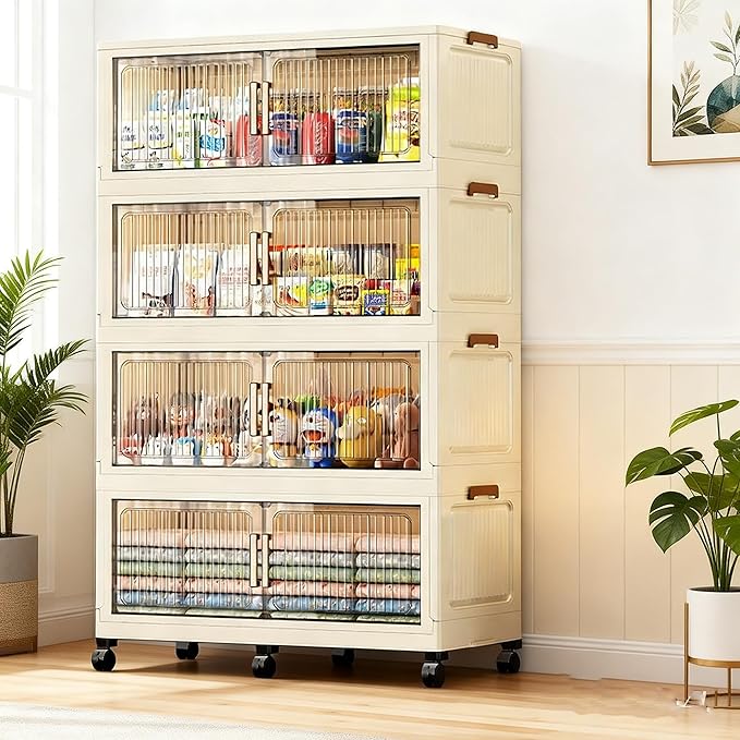 479QT 35.4'' Wide Stackable Storage Bins with Lid,4-Tier Large Foldable Plastic Drawer Storage with Wheels,Closet Organizers and Storage for Living Room, Office, Dorm