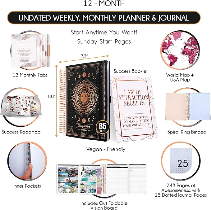 Manifestation Journal – Hourly, Weekly & Monthly Planner | 12-Month to Increase Productivity, Life Organizer & Goal Planner | Spiral Journal, Habit Tracker, Foldable Vision Board, Gift Box & Stickers