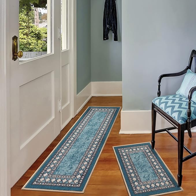 Antep Rugs Alfombras Modern Bordered 2pc Non-Skid (Non-Slip) Low Profile Pile Rubber Backing Indoor Kitchen Runner Rugs (Blue, 2pc Set)