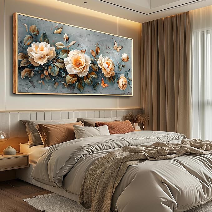 PHAOHUAXM Large Canvas Wall Art For Living Room Wall Decoration For Bedroom White Ink-Wash Flower Paintings Office Restaurant Corridor Mural Printing Artwork Home Decor Aesthetics Wood Frame 30"X60"