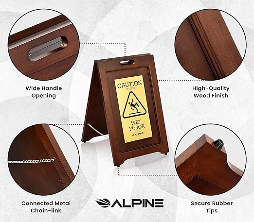Wooden Caution Wet Floor Sign Slippery A-Frame with Bold Bilingual Safety Message, High-Grade Wood Finish, Brass-Plated for Restaurants, Offices, Hospitality & Retail Centers By Alpine Industries