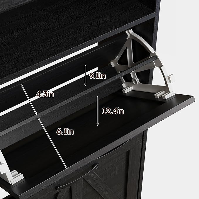 Shoe Cabinet with 4 Flip Drawers,Farmhouse Shoe Storage Cabinet for Entryway,Narrow Freestanding Organizer Rack with Open Shelves for Foyer,Hallway,Black
