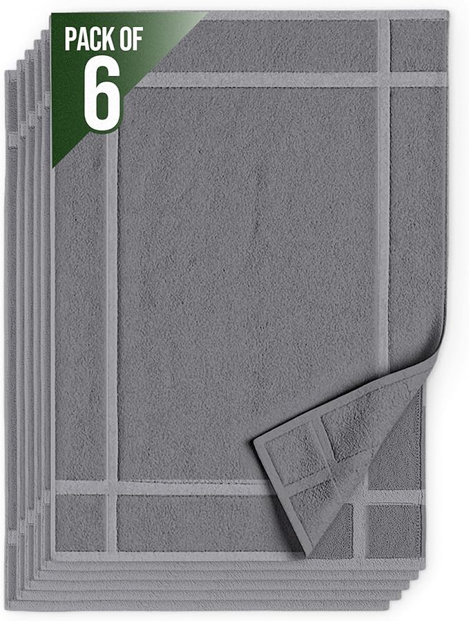 Pearl Linens 100% Ring Spun Cotton Bath Mat (Pack of 6) 20 x 30 Inch, Washable, Soft & Absorbent Terry Bathroom Floor Mat – Not Bathroom Rugs – Quick-Dry After Shower Bath Mat, 687 GSM, Light Grey