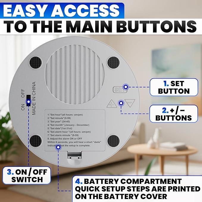 Talking Clock for Blind Elderly with English Voice & Alarm – Easy-to-Use Voice Announced Time & Date Talking Watches for the Blind | Big Button Interface, High/Low Volume, Gift for Elderly Loved Ones