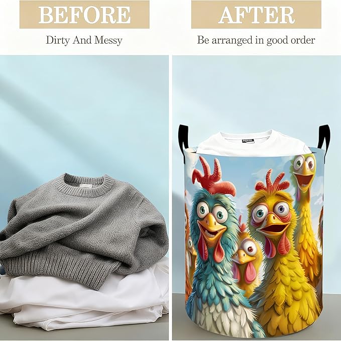 Funny Chicken Laundry Basket Hamper for Boys Girls Kids Adults, Foldable Waterproof Oxford Clothes Storage Bin, Colorful Cartoon Farm Animal Organizer for Bedroom Bathroom Room Decor 19.7"x15.8"