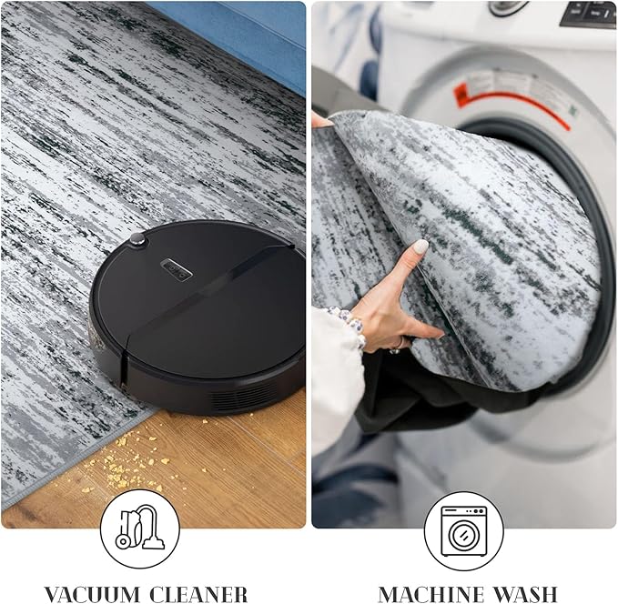 Modern Abstract Runner Rug 2x10, Black Grey White Washable Long Kitchen Runner Non-Slip Soft Hallway Rug Runner Thin Print Faux Wool Carpet for Entryway Bedroom Laundry Room Indoor Home Decor